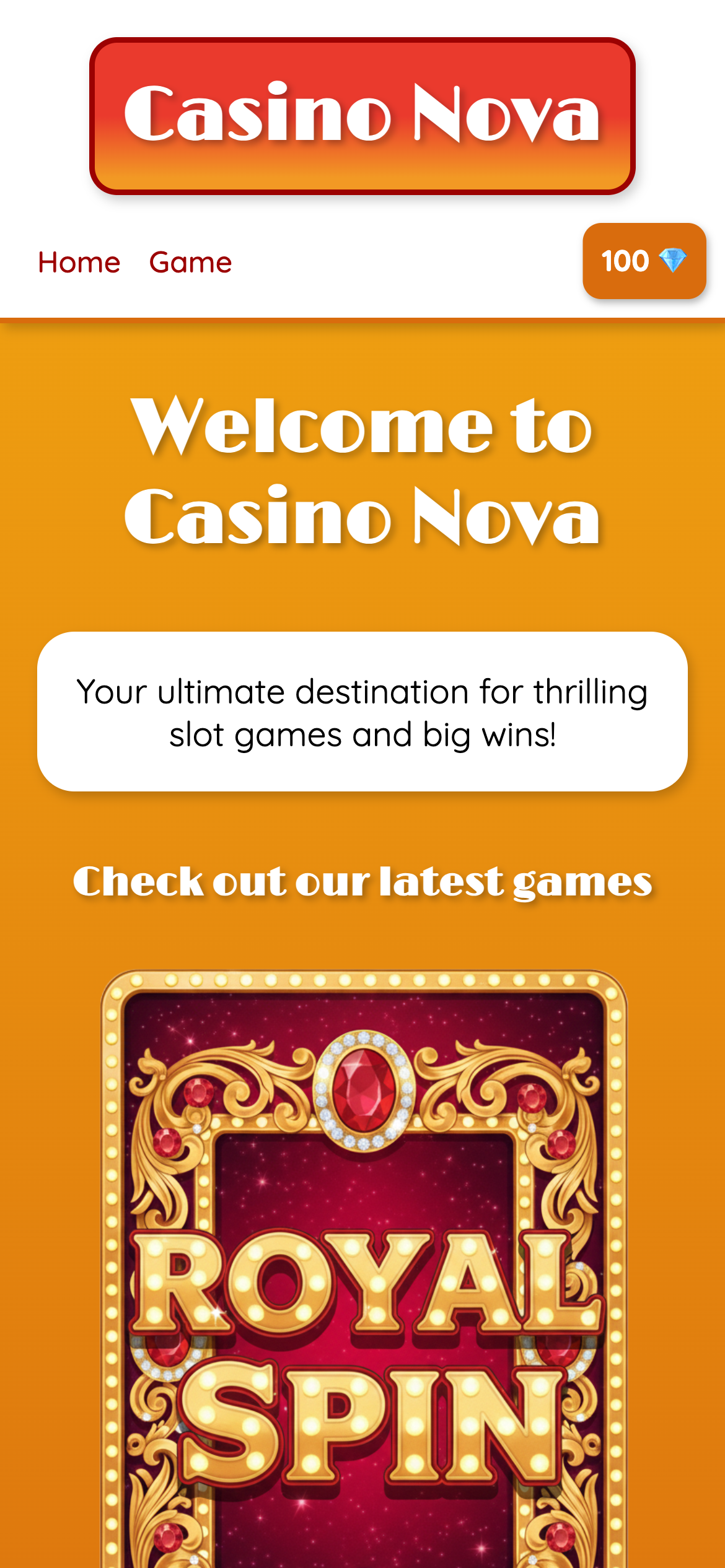Screenshot of the Casino Nova home page on mobile.