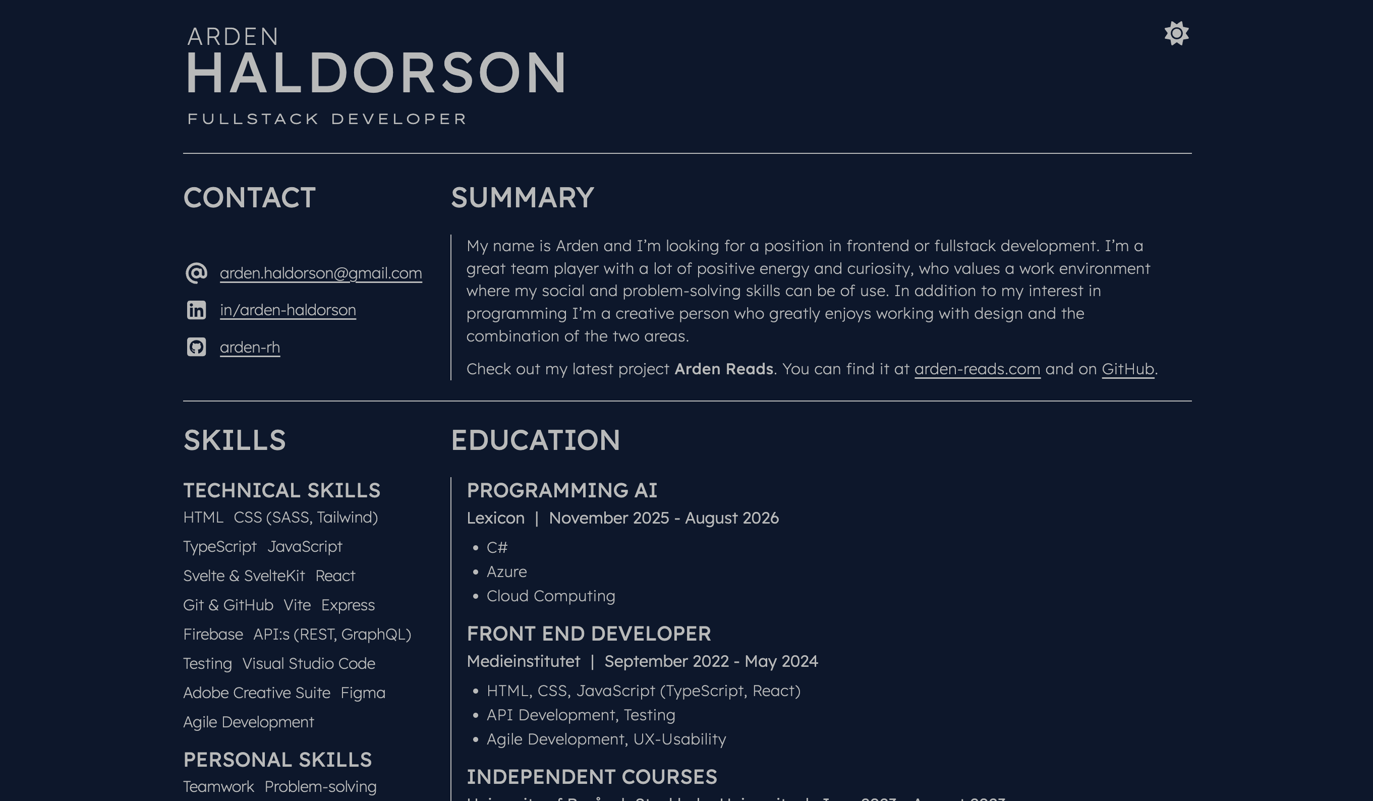 Screenshot of the CV project on desktop