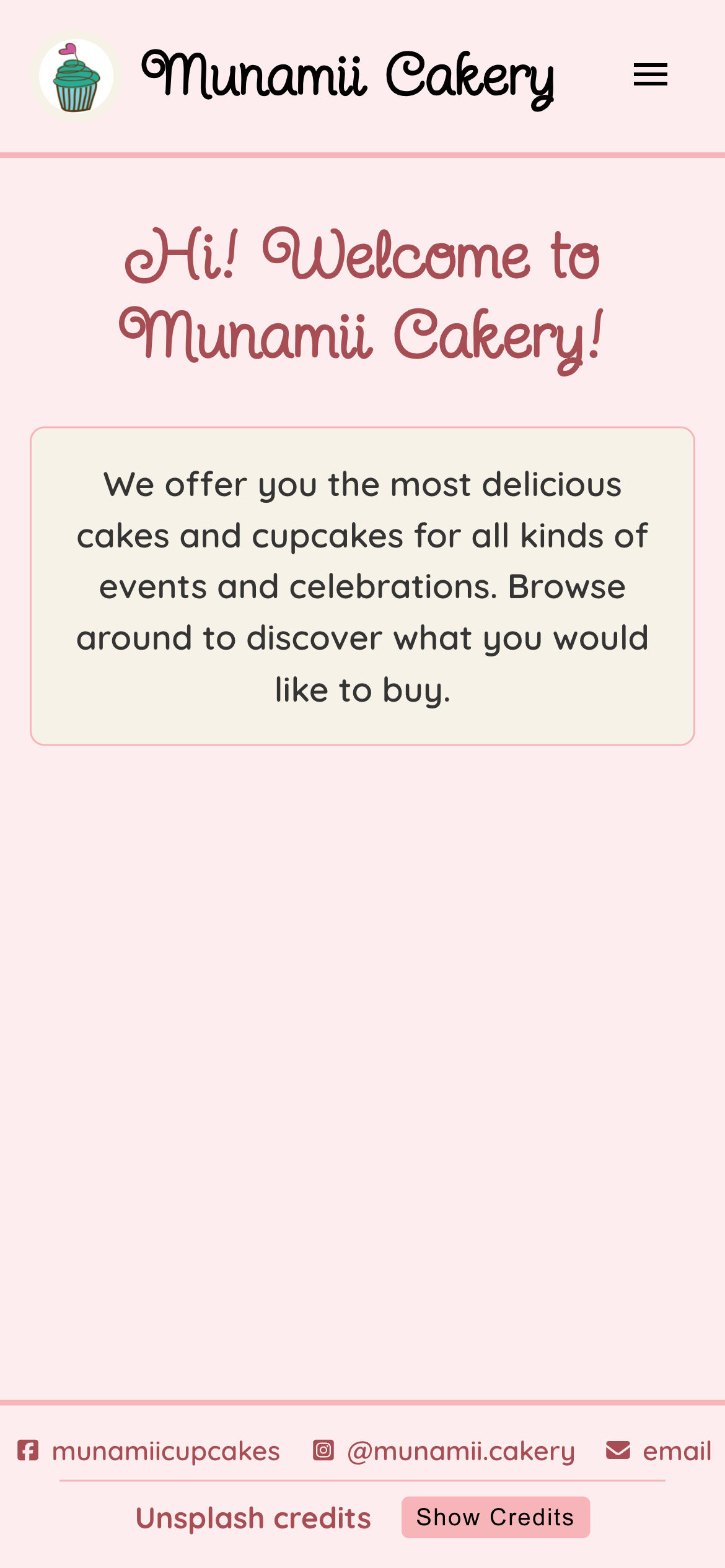 Screenshot of the Munamii Cakery home page on mobile.