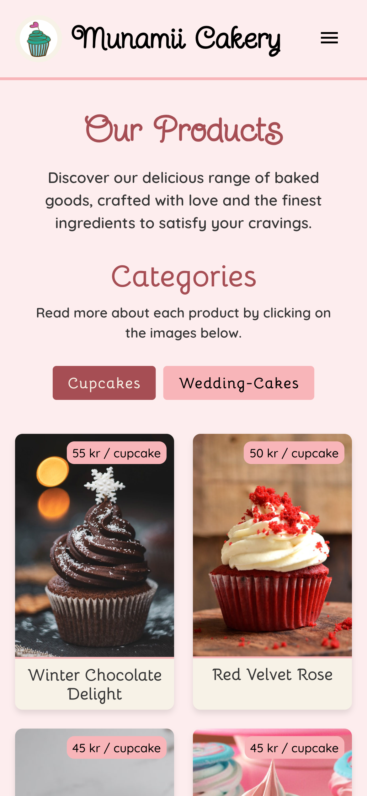 Screenshot of the Munamii Cakery product page on mobile, showing cupcakes.